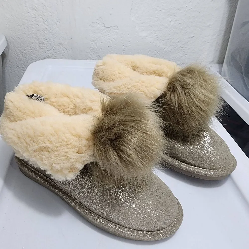Bearpaw Libby Suede Sheepskin Pom-pom Boots Glittery Pewter Womens Size 8